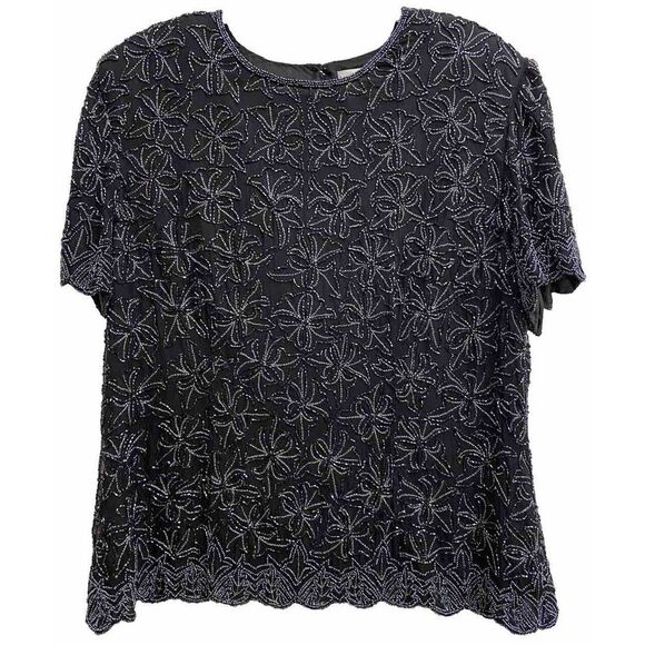 Papell Boutique Evening‎ Black Silk Beaded Top Women's 2X Mob Wife Formal - Picture 1 of 11